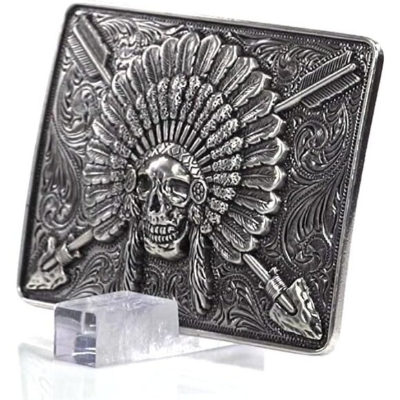🆕Men's Antique Silver Metallic Imported Rectangle Chief Skull  Belt  Buckle - Picture 9 of 9